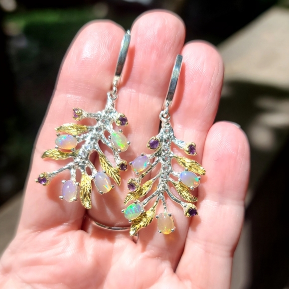 FIRE Opals 🔥 & Amethyst sterling fern earrings - Picture 4 of 7